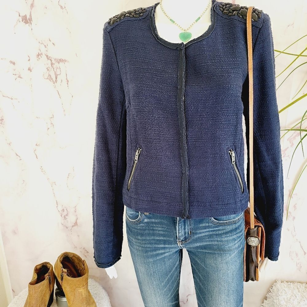 American Eagle Outfitters navy blue tweed embellished blazer